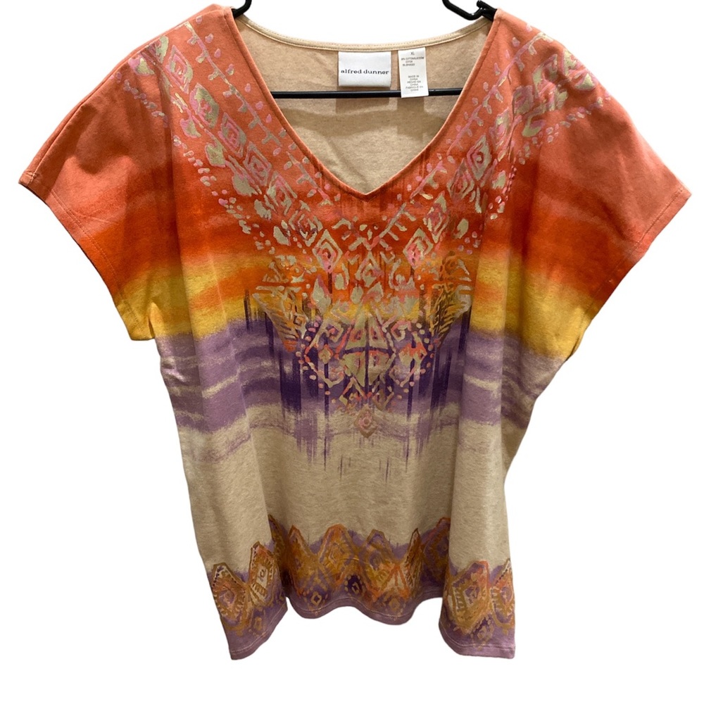 V-neck Aztec Women’s top. Colors include: peach, beige, yellow, metallic gold.